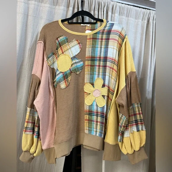 NWT Easel LA Plaid Patchwork Thermal LS Top - Picture 1 of 2